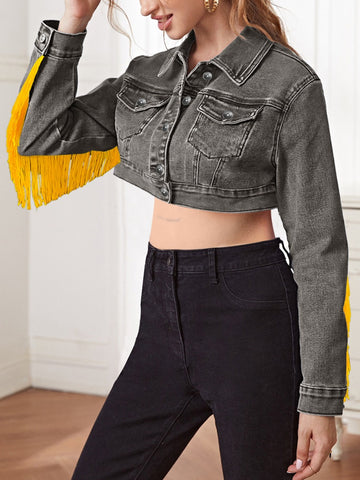 Tassel Design Crop Top Denim Jacket BO5066 Furdela