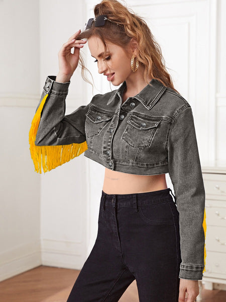 Tassel Design Crop Top Denim Jacket BO5066 Furdela