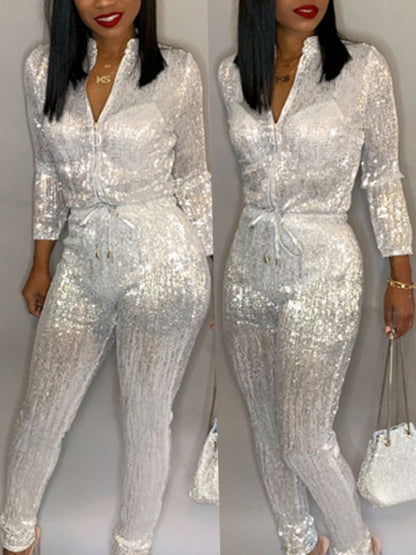 Sequined Zipper Design Jumpsuit AR5080