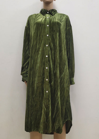 2022 Womens Ins Temperament Skirt Fashion Button Long Seeve Shirt Dress Green LY1937