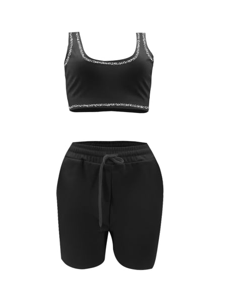 Sporty U Neck Drawstring Black Two Piece Shorts Set AR5052