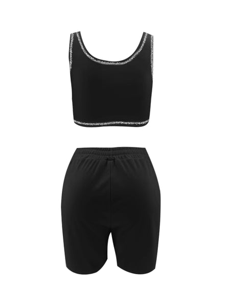 Sporty U Neck Drawstring Black Two Piece Shorts Set AR5052