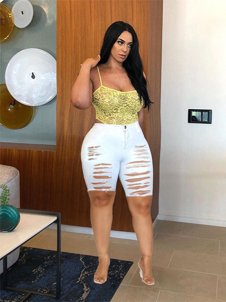 Plus Size Mid Waist Ruched Stretchy Denim Shorts AR70123