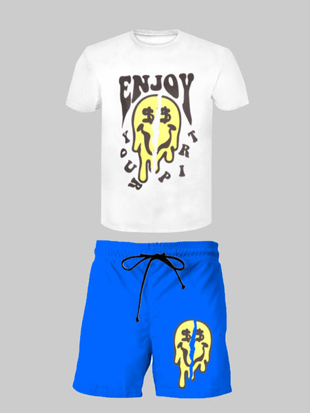 Men Cartoon Letter Print Drawstring Shorts Set AR70137