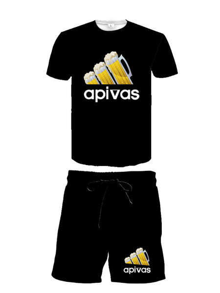 Men Beer Letter Print Drawstring Shorts Set AR70119