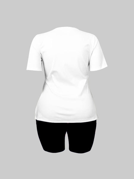 Plus Size Round Neck Letter Print Shorts Set AR50133