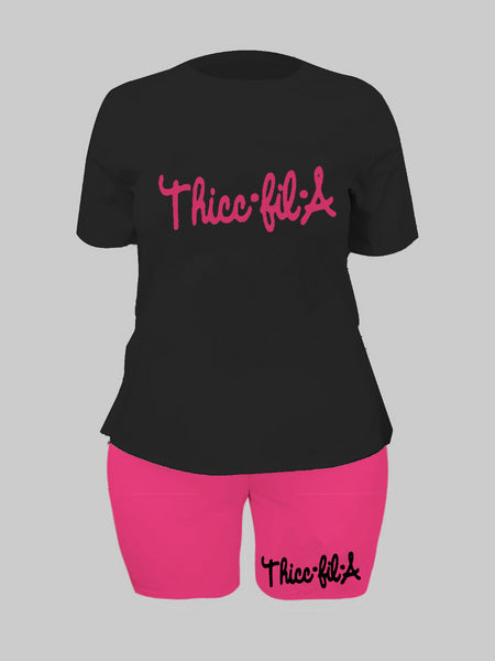 Plus Size Round Neck Letter Print Shorts Set AR50133