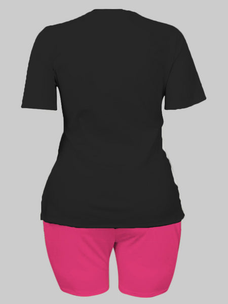 Plus Size Round Neck Letter Print Shorts Set AR50133