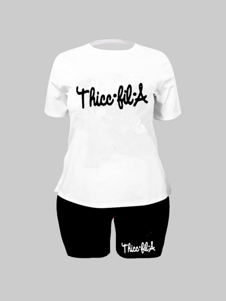 Plus Size Round Neck Letter Print Shorts Set AR50133