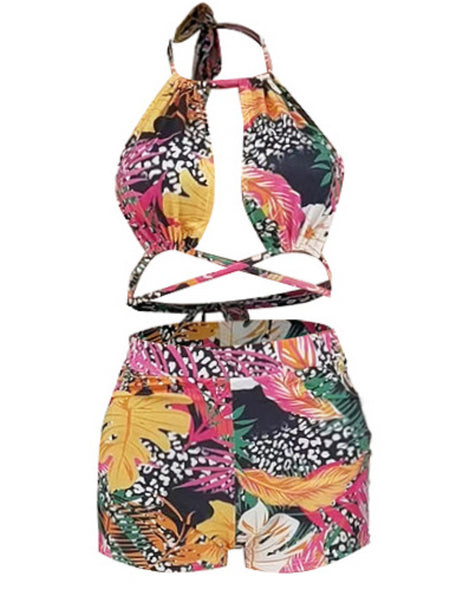 Plus Size Floral Print Bandage Design Shorts Set AR5086