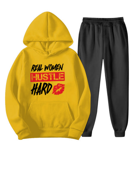 Plus Size Hustle Hard Lip Letter Print Kangaroo Pocket Tracksuit Set AR5015
