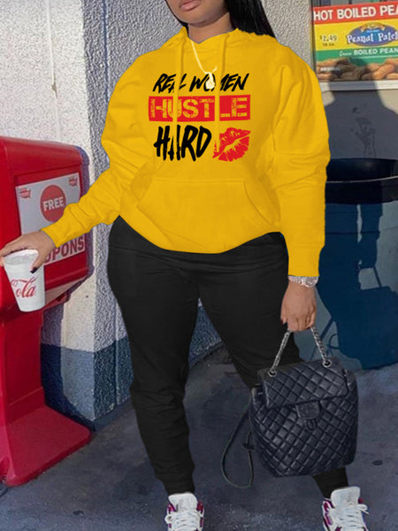 Plus Size Hustle Hard Lip Letter Print Kangaroo Pocket Tracksuit Set AR5015