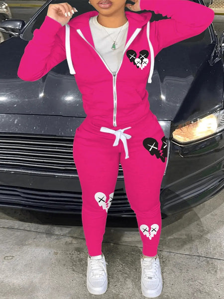Hooded Collar Broken Heart Print Tracksuit Set AT9050