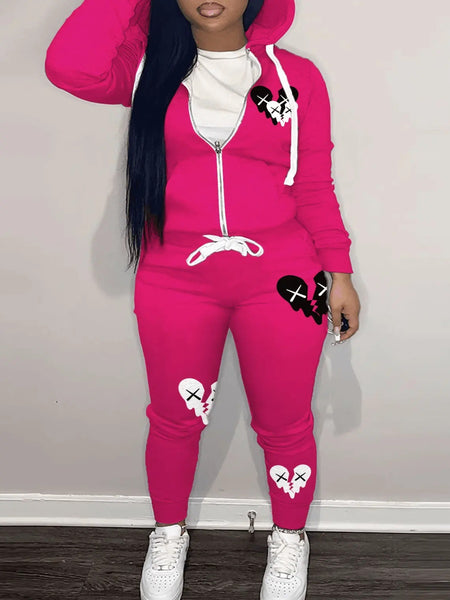Hooded Collar Broken Heart Print Tracksuit Set AT9050