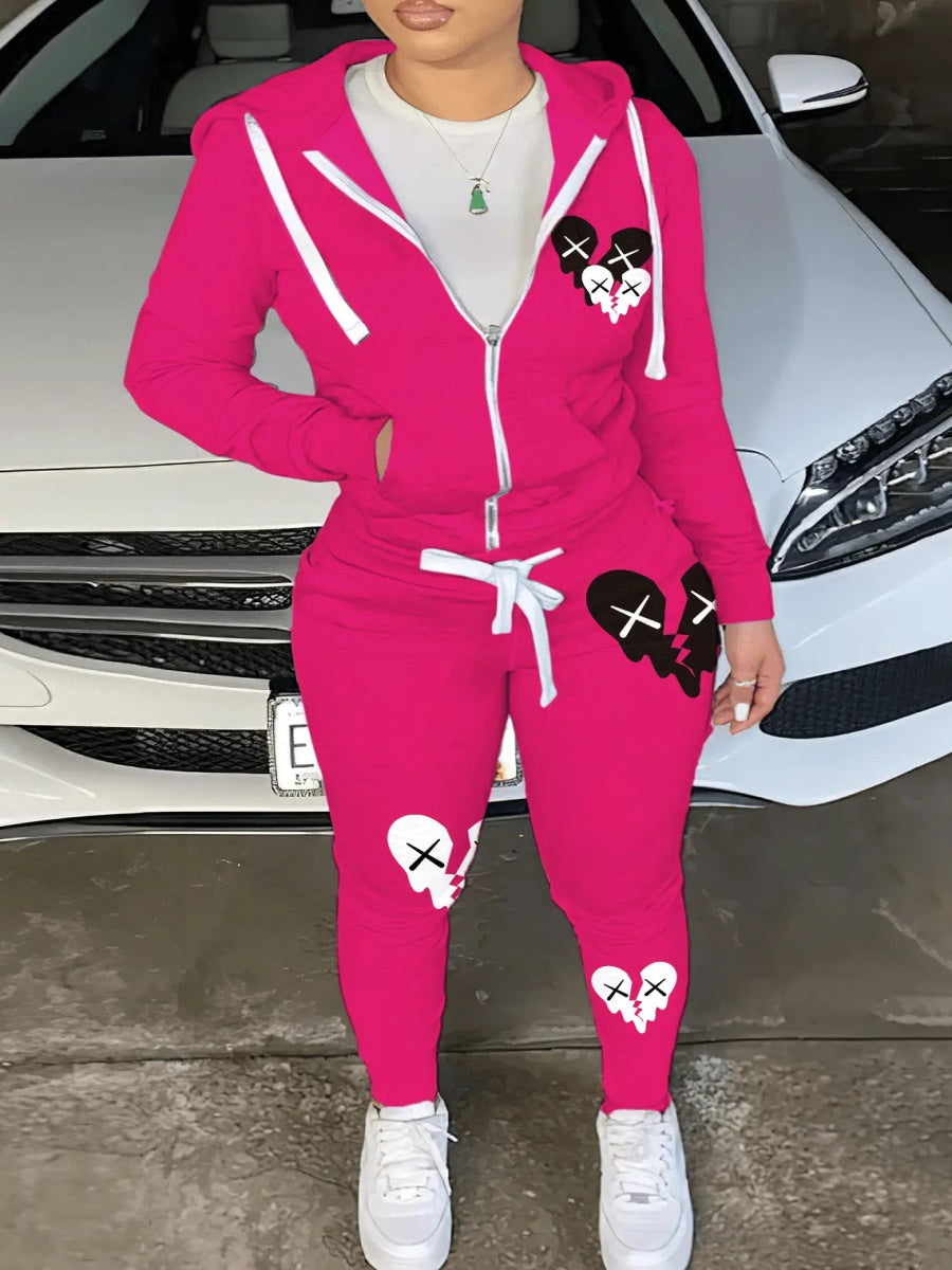 Hooded Collar Broken Heart Print Tracksuit Set AT9050