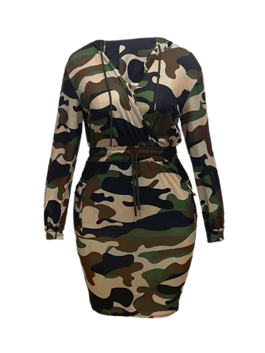 Plus Size Chain Print Drawstring Bodycon Dress AT8021