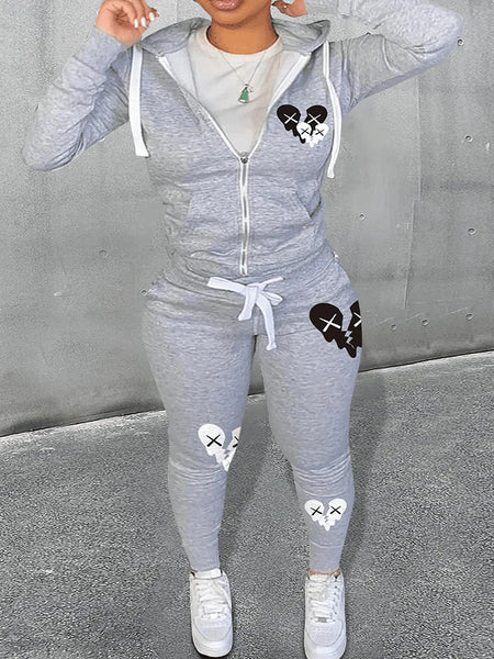 Plus Size Broken Heart Print Kangaroo Pocket Tracksuit Set AR7049