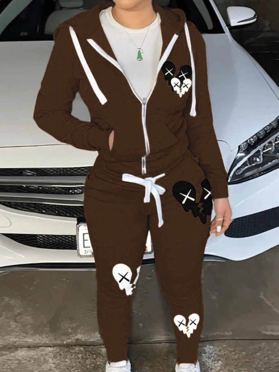 Hooded Collar Broken Heart Print Tracksuit Set AT9050