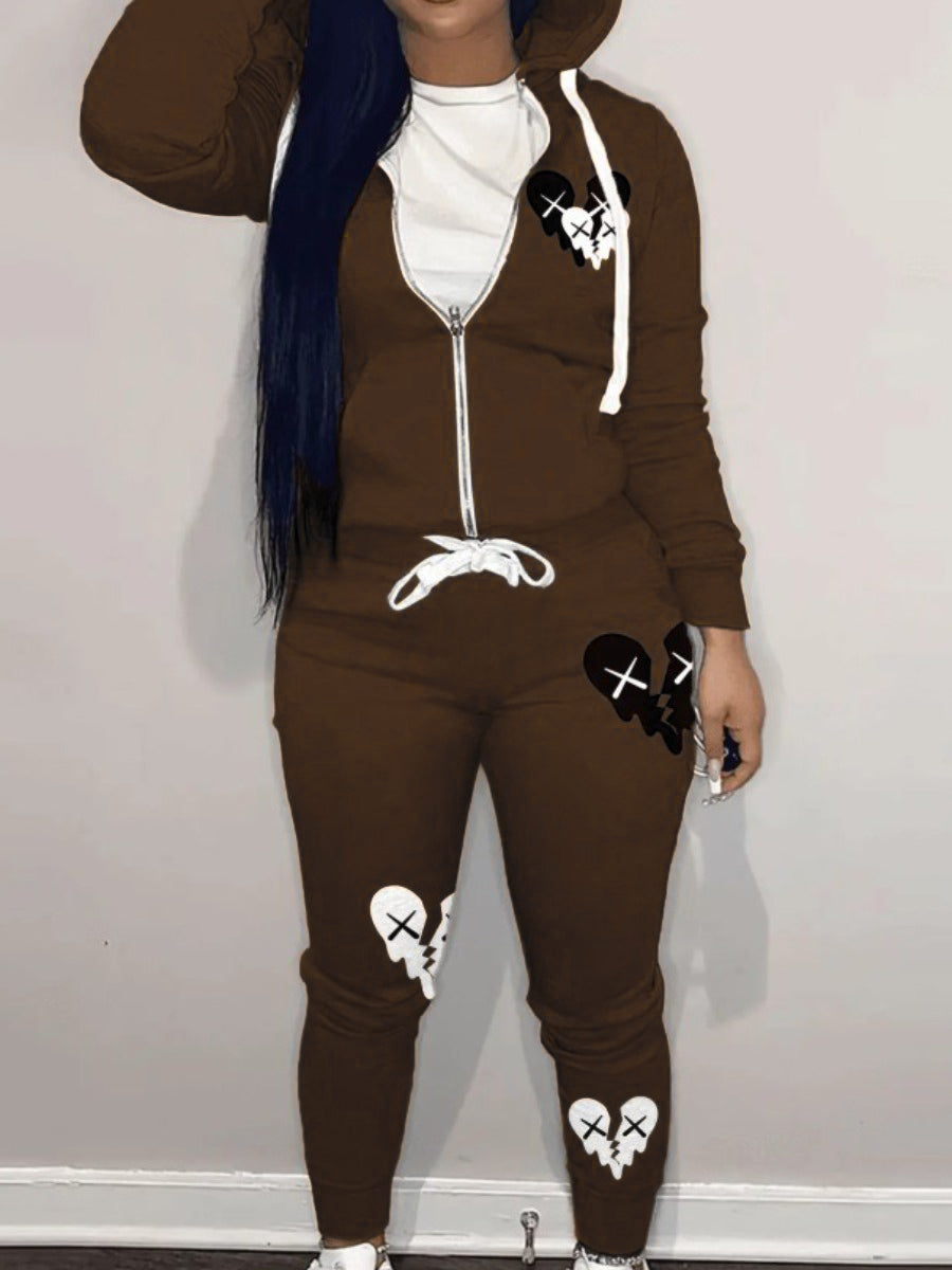 Hooded Collar Broken Heart Print Tracksuit Set AT9050