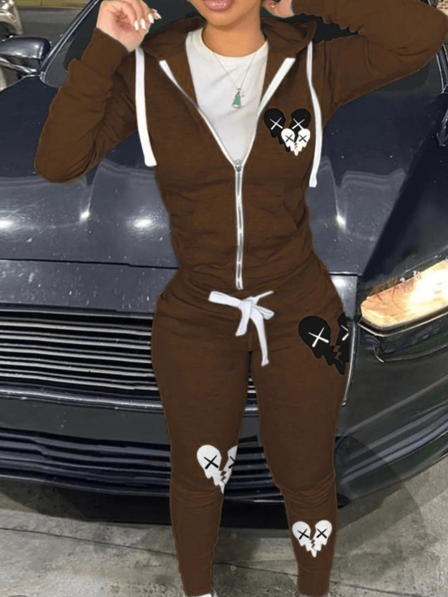Hooded Collar Broken Heart Print Tracksuit Set AT9050
