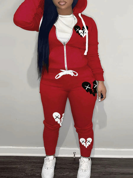 Hooded Collar Broken Heart Print Tracksuit Set AT9050