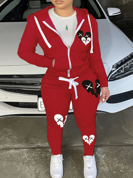 Hooded Collar Broken Heart Print Tracksuit Set AT9050