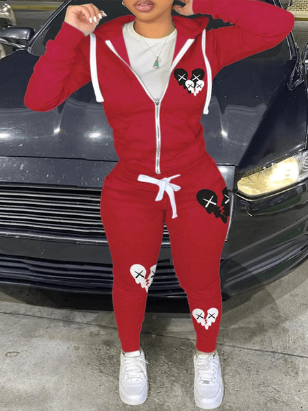 Hooded Collar Broken Heart Print Tracksuit Set AT9050