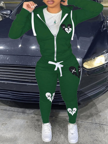 Hooded Collar Broken Heart Print Tracksuit Set AT9050