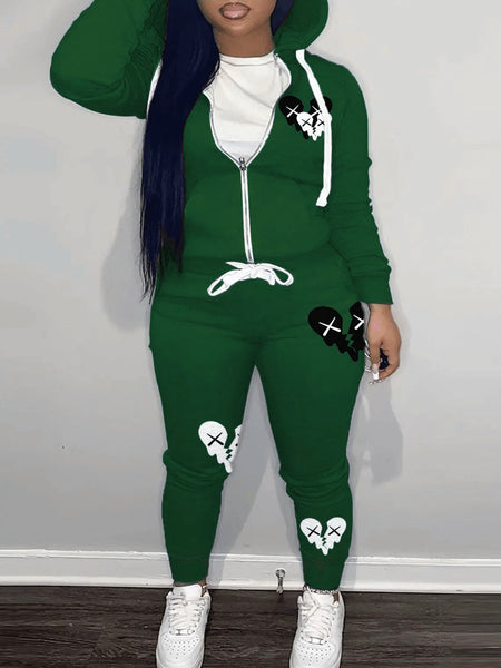 Hooded Collar Broken Heart Print Tracksuit Set AT9050