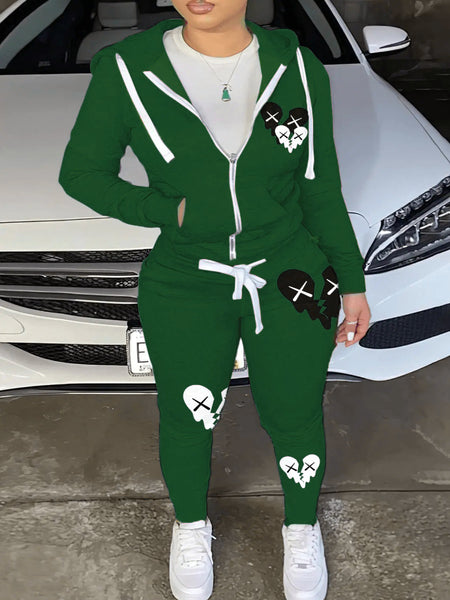 Hooded Collar Broken Heart Print Tracksuit Set AT9050