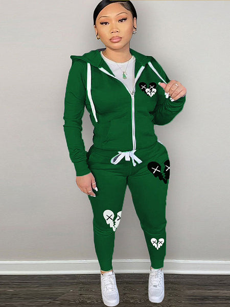 Plus Size Broken Heart Print Kangaroo Pocket Tracksuit Set AR7049