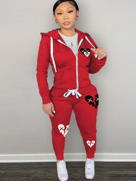 Plus Size Broken Heart Print Kangaroo Pocket Tracksuit Set AR7049