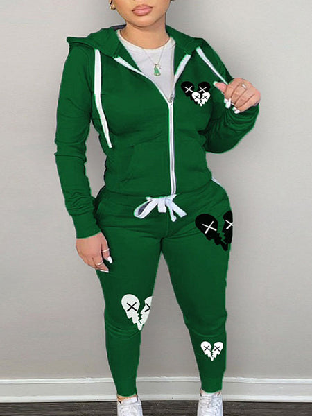 Plus Size Broken Heart Print Kangaroo Pocket Tracksuit Set AR7049