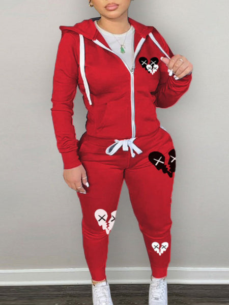Plus Size Broken Heart Print Kangaroo Pocket Tracksuit Set AR7049
