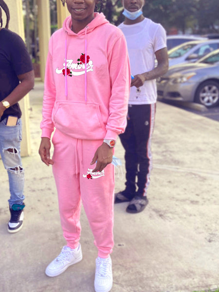 Men Rose Flower Letter Print Kangaroo Pocket Tracksuit Set AR50102