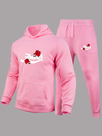 Men Rose Flower Letter Print Kangaroo Pocket Tracksuit Set AR50102