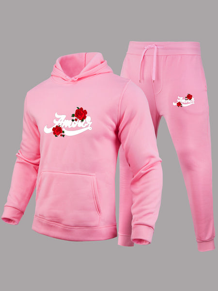 Men Rose Flower Letter Print Kangaroo Pocket Tracksuit Set AR50102
