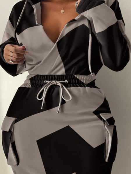 Plus Size Chain Print Drawstring Bodycon Dress AT8021