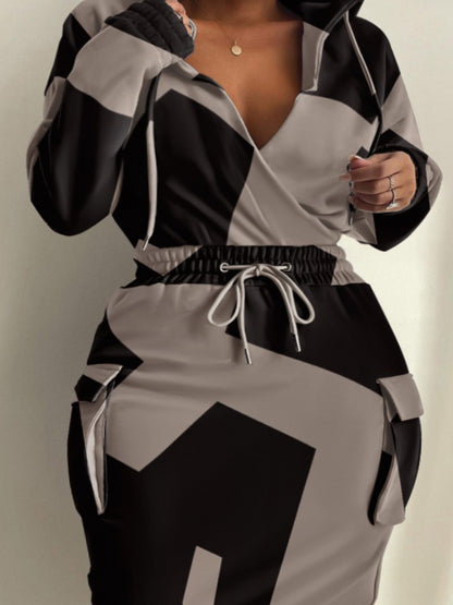 Plus Size Chain Print Drawstring Bodycon Dress AT8021