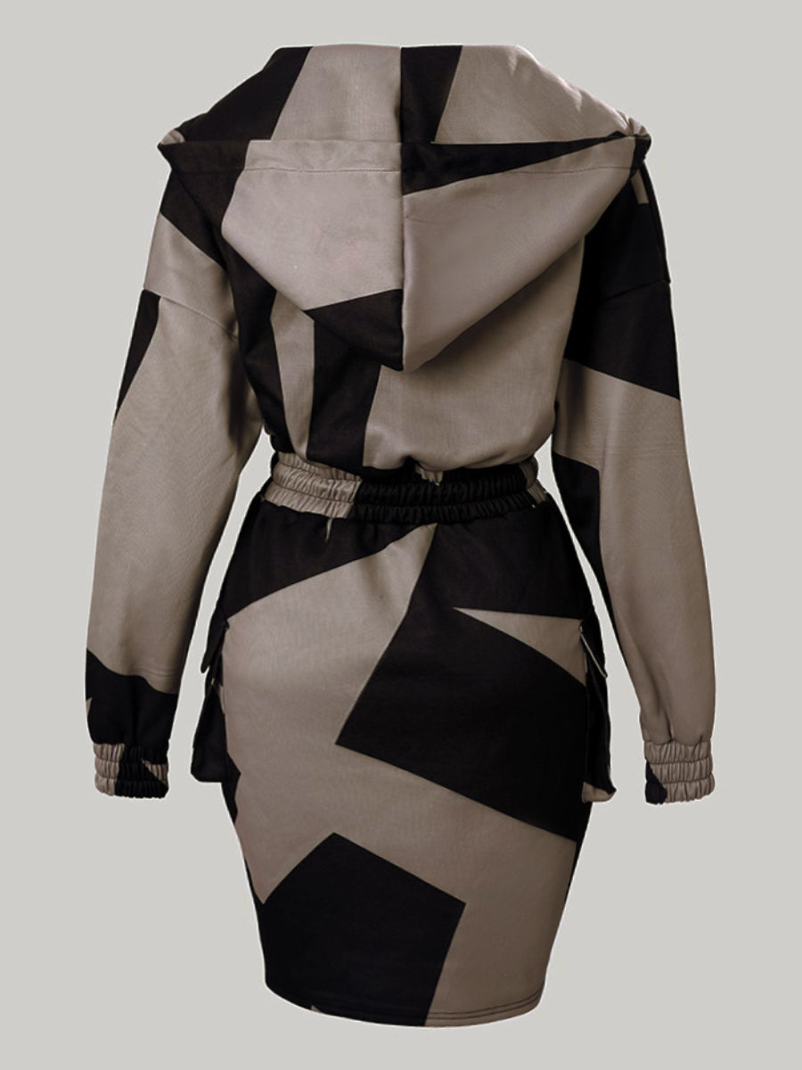 Plus Size Chain Print Drawstring Bodycon Dress AT8021