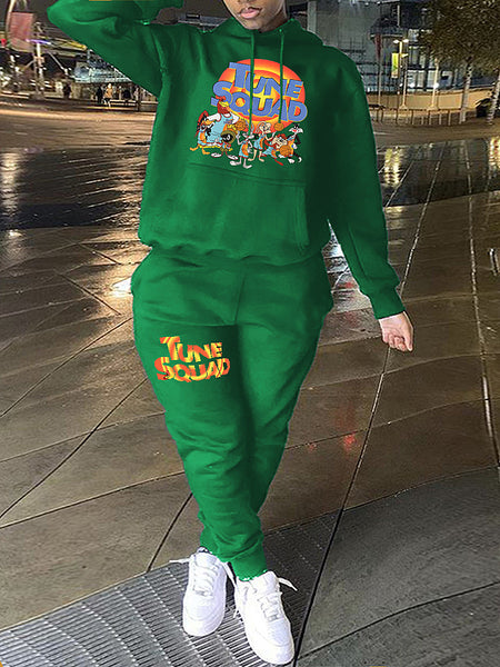 Plus Size Cartoon Letter Print Kangaroo Pocket Tracksuit Set AR7055