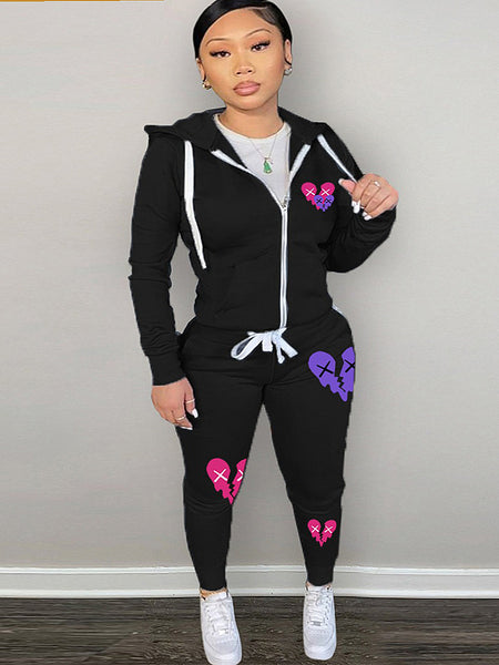 Plus Size Broken Heart Print Kangaroo Pocket Tracksuit Set AR7049