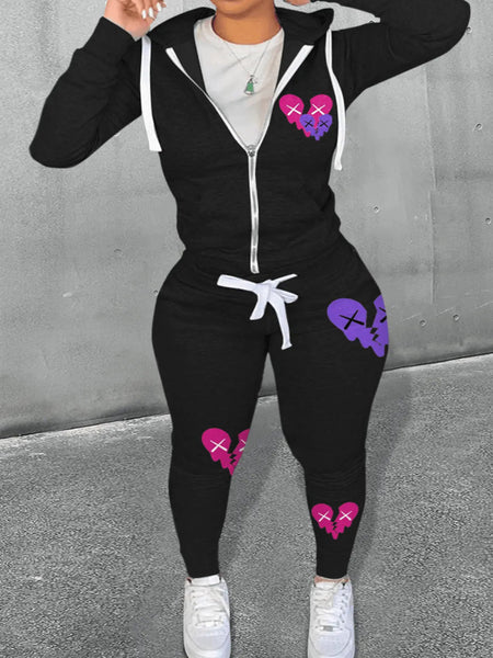 Plus Size Broken Heart Print Kangaroo Pocket Tracksuit Set AR7049