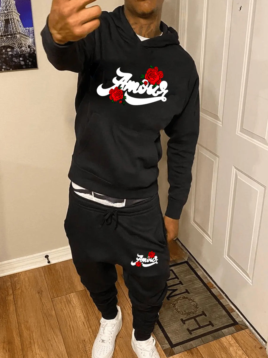 Men Rose Flower Letter Print Kangaroo Pocket Tracksuit Set AR50102