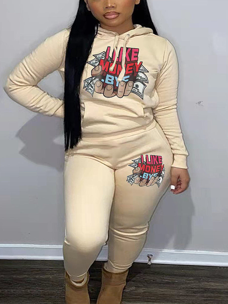 Plus Size Money Letter Print Kangaroo Pocket Tracksuit Set AR5070