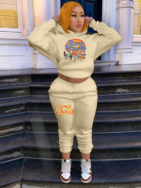 Plus Size Cartoon Letter Print Kangaroo Pocket Tracksuit Set AR7055