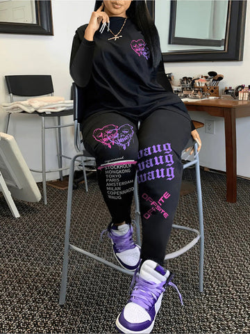 Plus Size Letter Print Zipper Design Skinny Jumpsuit AR5072