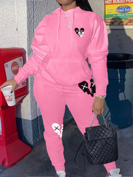 Hooded Collar Broken Heart Print Tracksuit Set AT9050