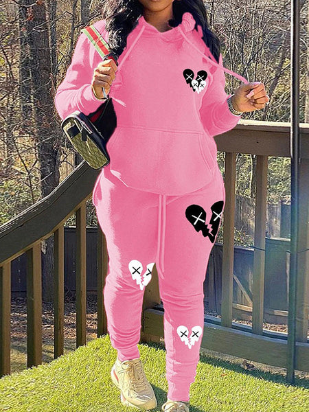 Hooded Collar Broken Heart Print Tracksuit Set AT9050