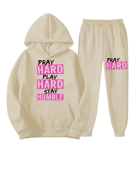 Plus Size Stay Humble Letter Print Kangaroo Pocket Tracksuit Set BO5055 Furdela